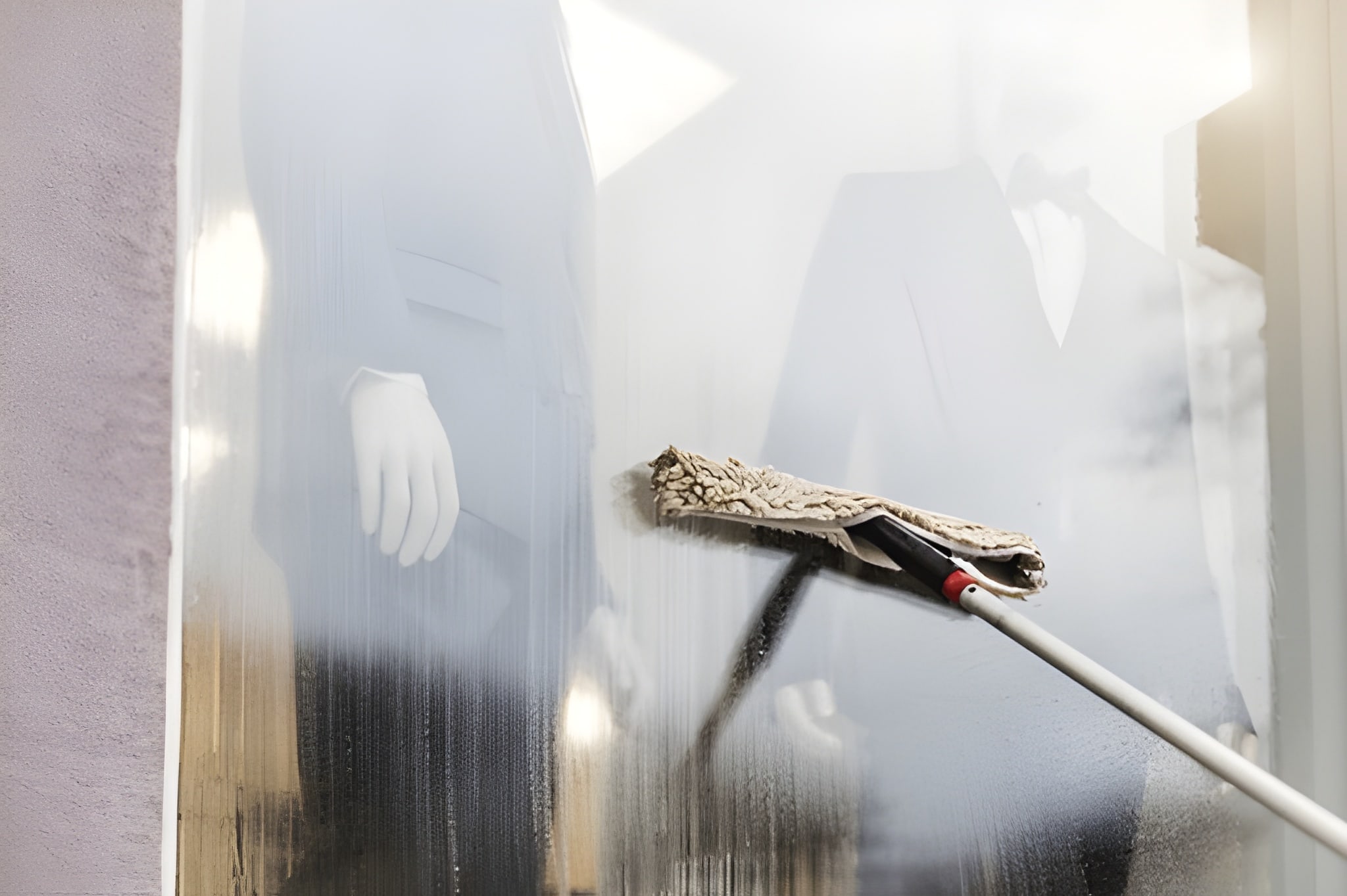 Shop Cleaning Services 7 Cleaner wiping shop glass window with mop