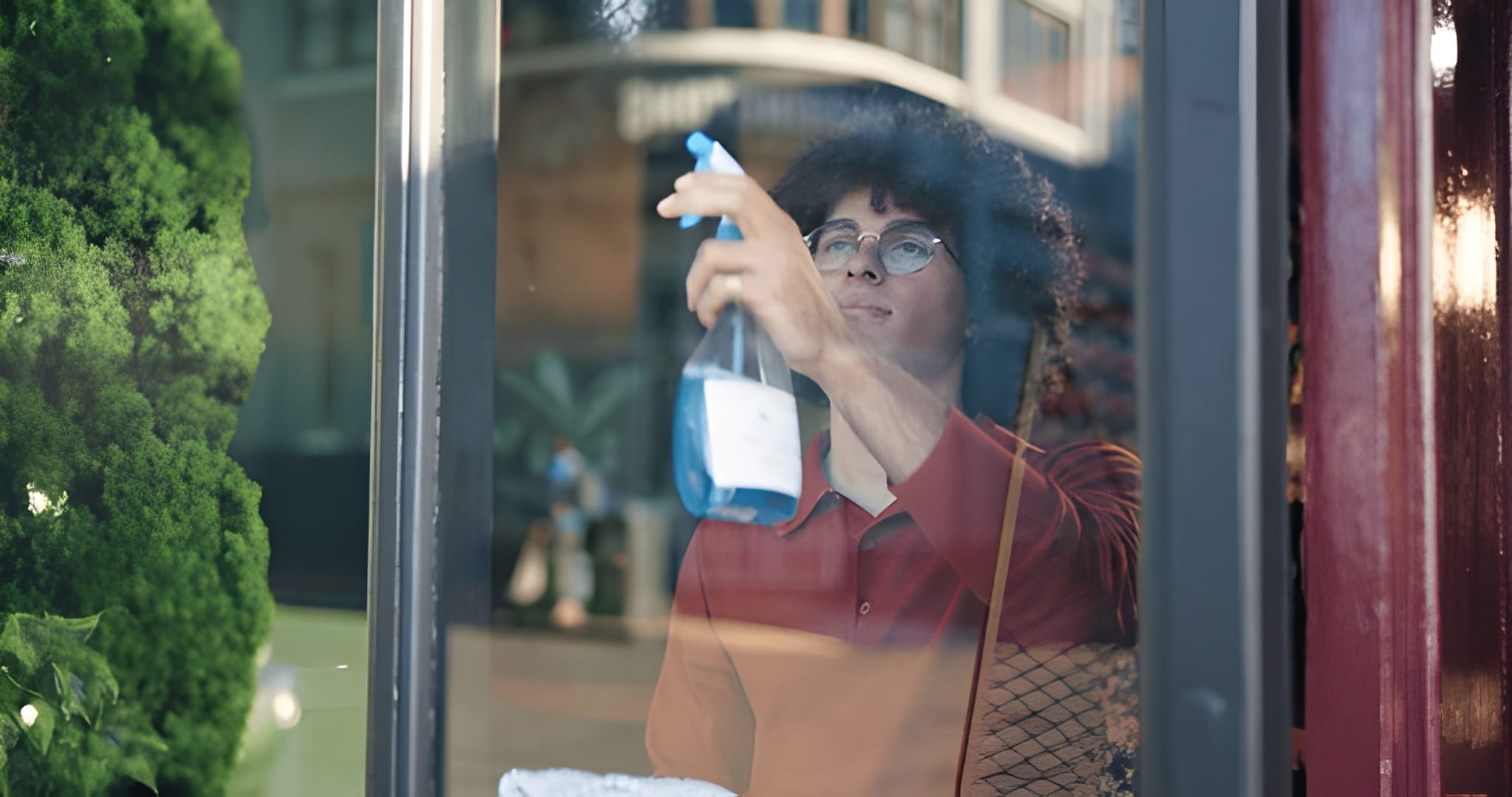 cleaner wiping glass door during entrance cleaning service