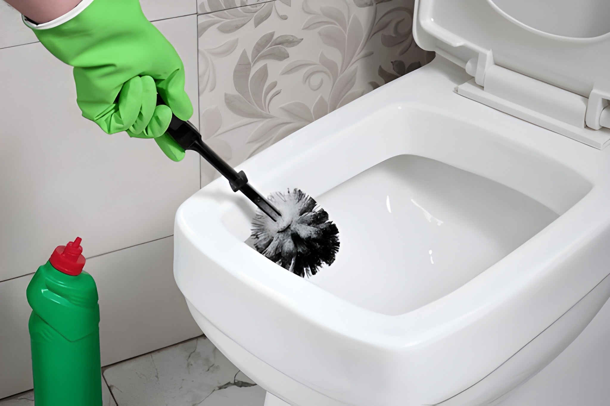 cleaner scrubbing toilet during restroom cleaning service