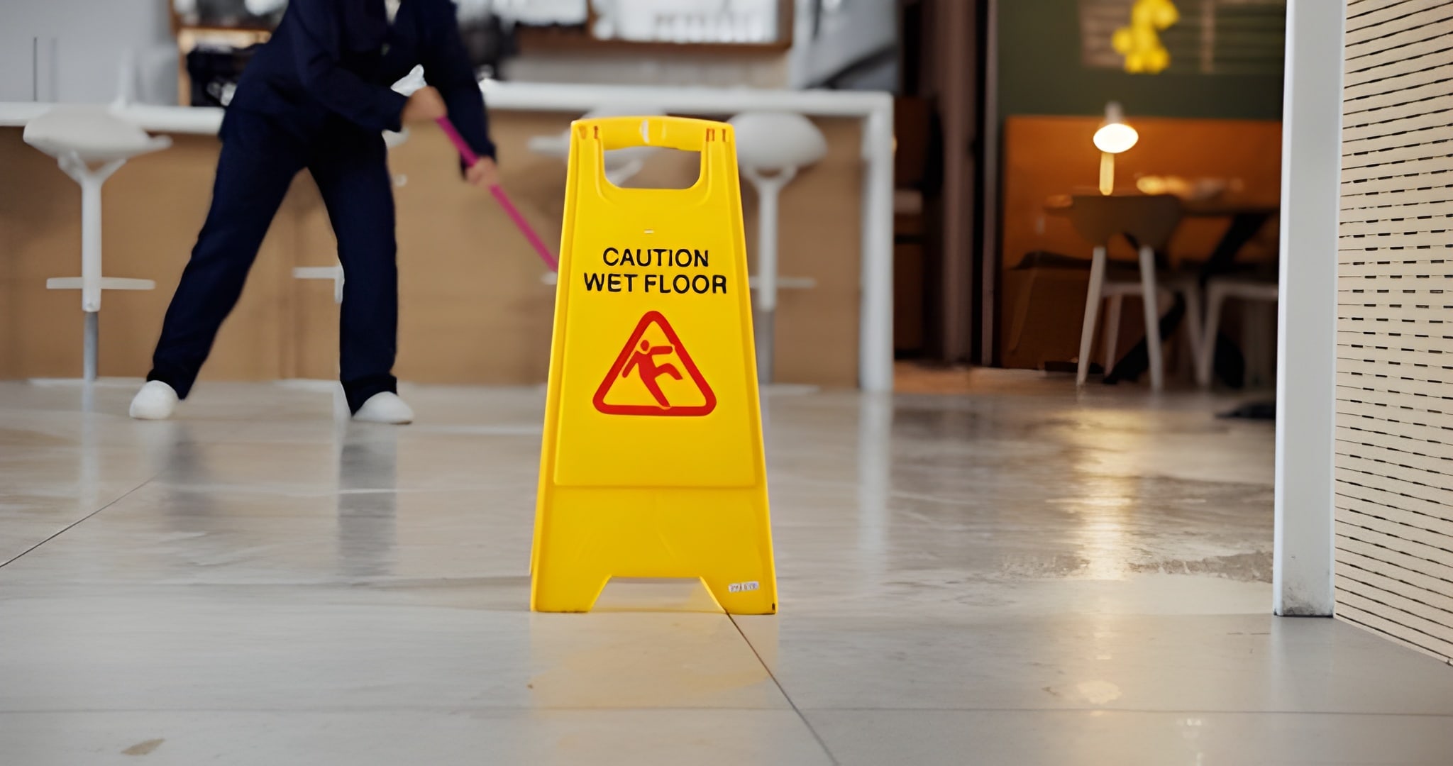 cleaner mopping wet floor during surface cleaning in mall