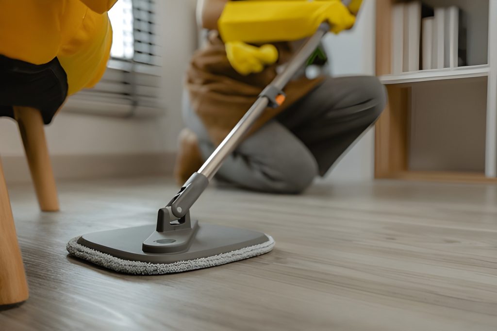 Professional cleaner performing deep cleaning on wooden floor in Dubai
