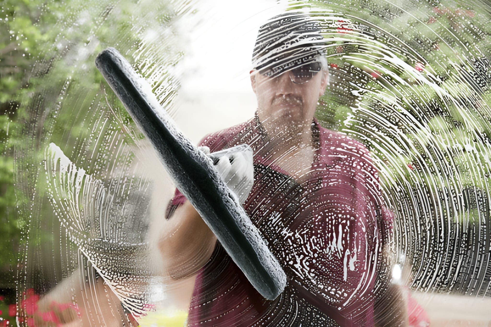 Professional cleaner washing glass window during cleaning service in Dubai